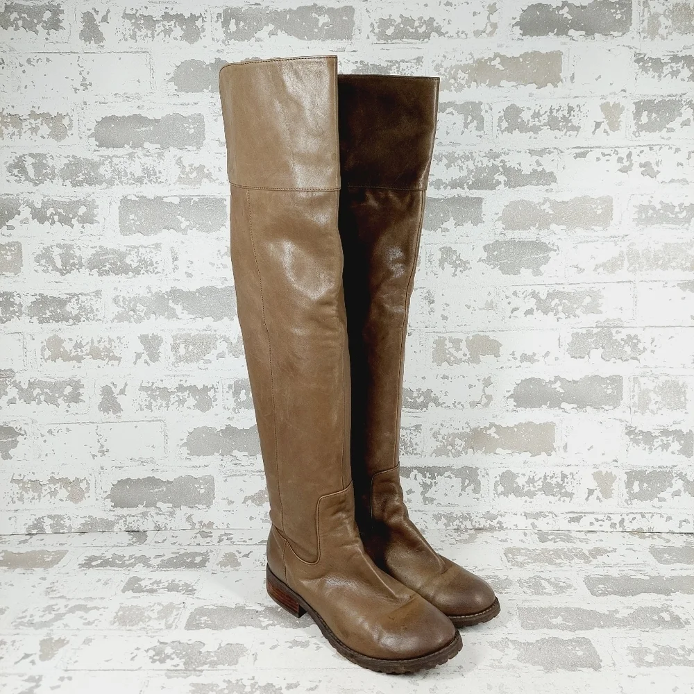 BP Brown Leather Side Zip Round Toe Low Heel Over the Knee Boots A768